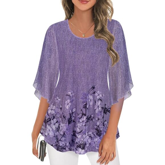 Women's Size L Purple Lined Floral Butterfly Sleeve Pullover Ninedaily Blouse - Picture 1 of 7